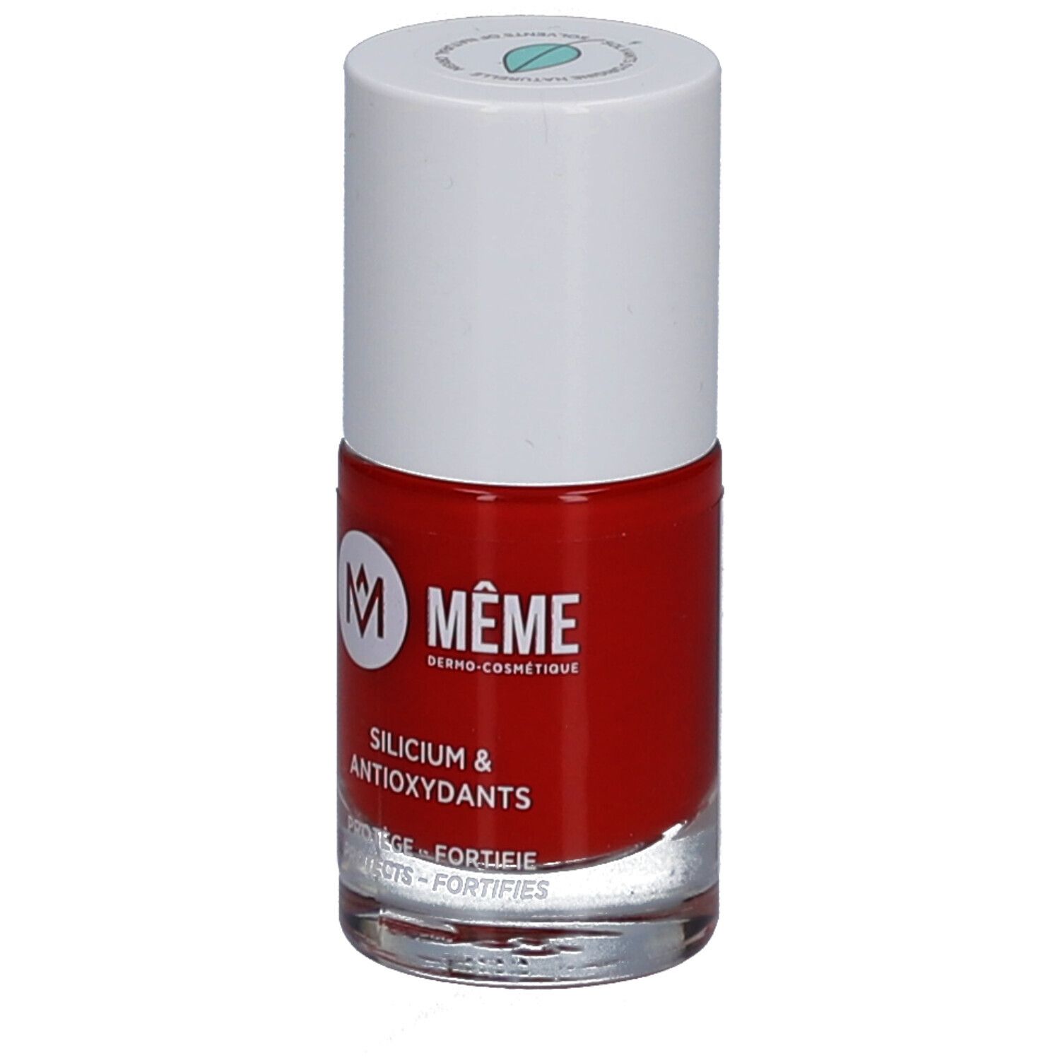 Rote Nagellackflasche mit weißem Deckel. Aufschrift: MÊME, Silicium & Antioxidantien. Schützt und stärkt.