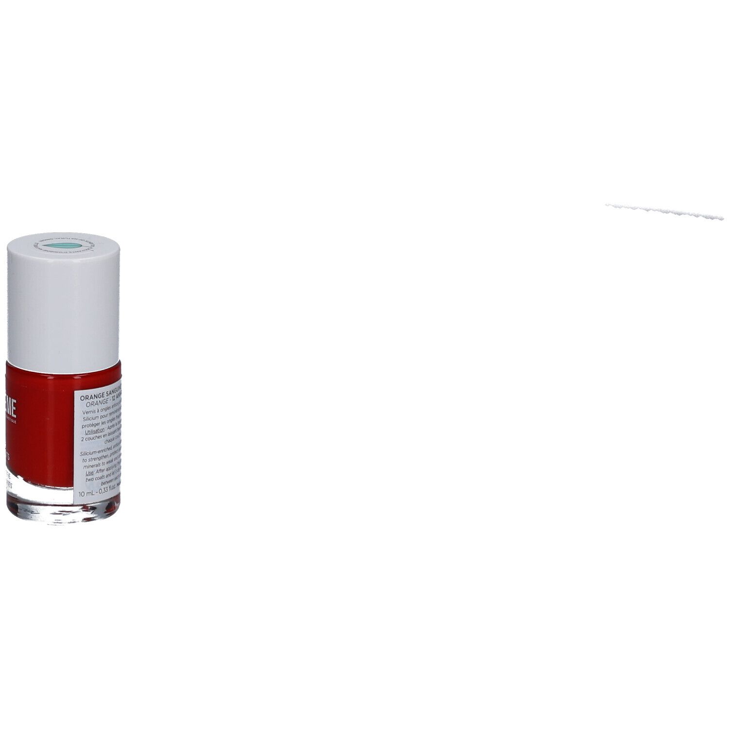 Nagellackflasche, rot mit weißem Deckel. Aufschrift: Orange Sanguine. Produktinformationen auf der Seite.