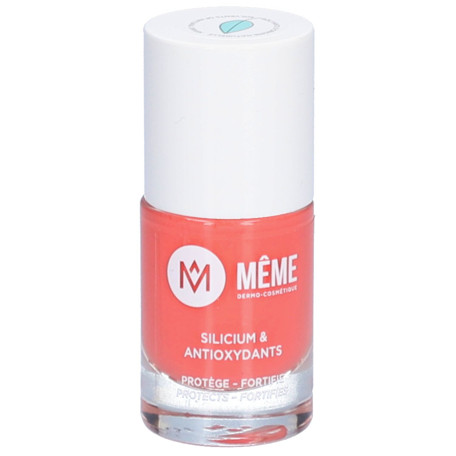 Nagellackflasche, rot, weißer Deckel. Aufschrift: MÊME, Silicium & Antioxidantien. Schützt und stärkt.