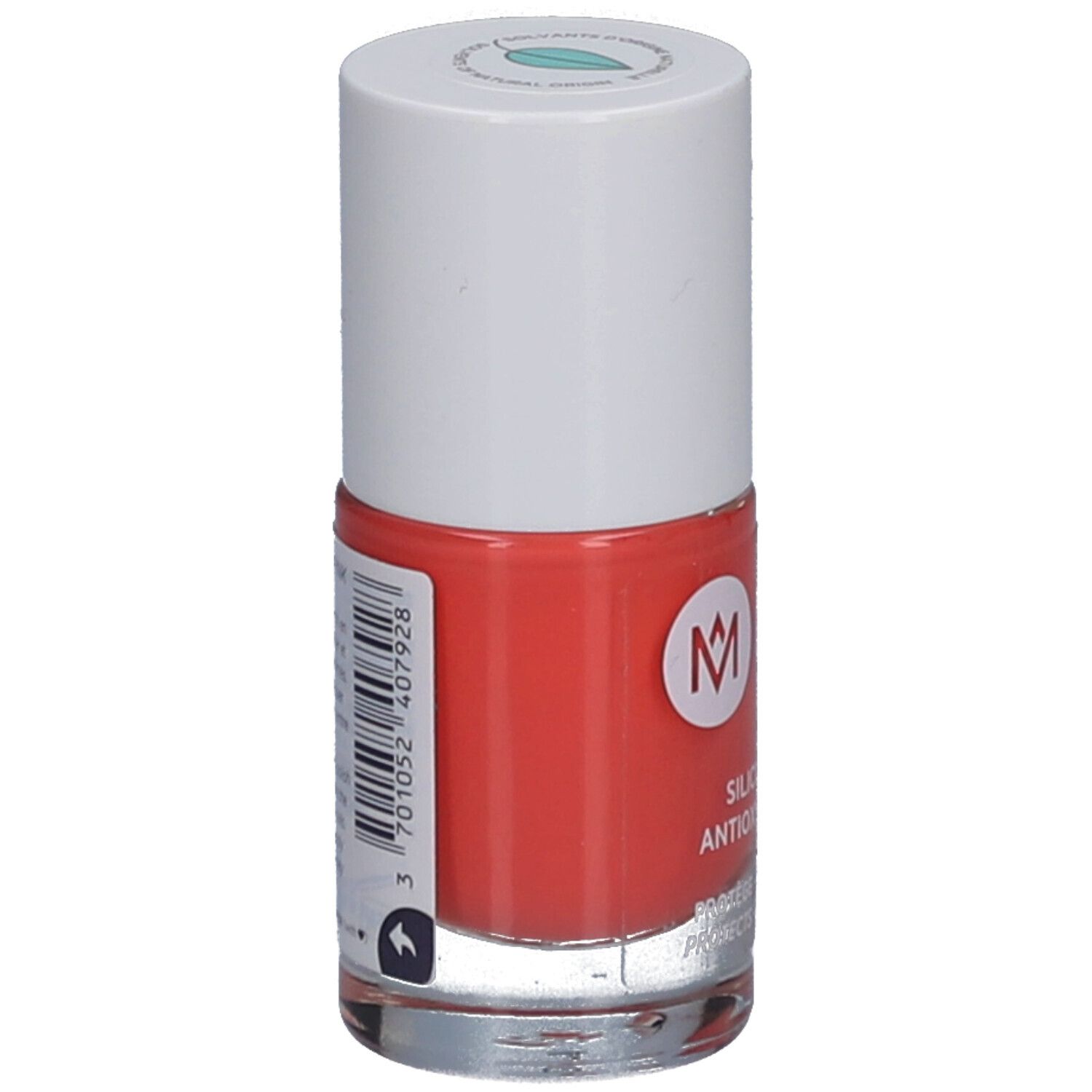 Nagellackflasche, rot, weißer Deckel. Aufschrift: MÊME, Silicium & Antioxidantien. Schützt und stärkt.