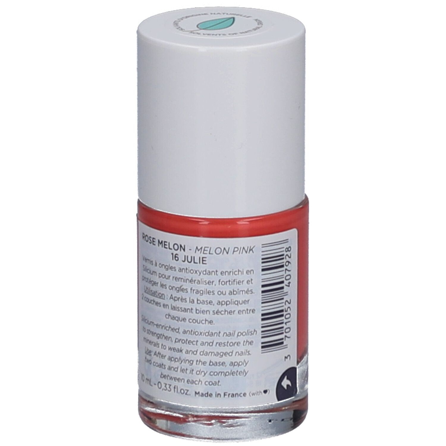 Nagellackflasche, rot, weißer Deckel. Aufschrift: Rose Melon 16 Julie. Rückseite mit Produktinformationen.