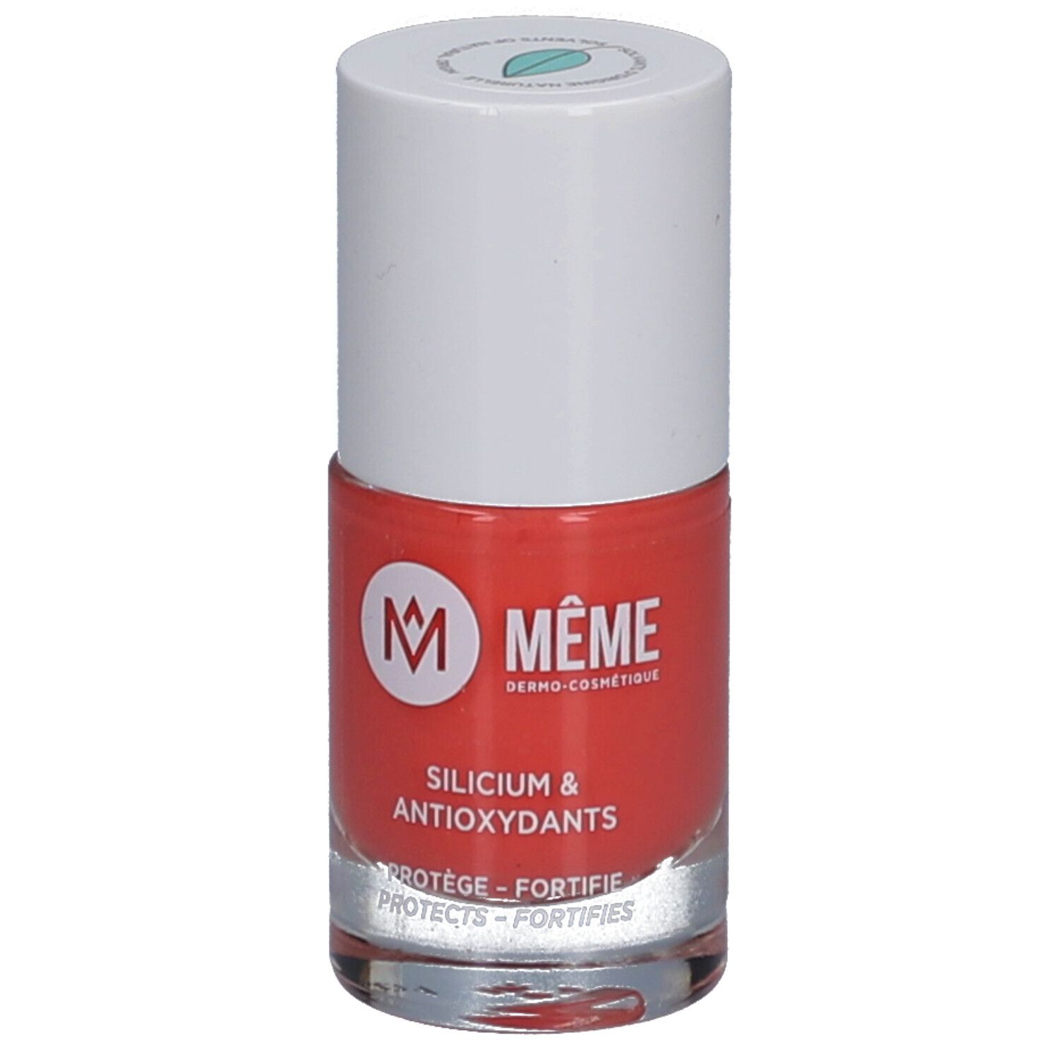 Nagellackflasche, rot, weißer Deckel. Aufschrift: MÊME, Silicium & Antioxidantien. Schützt und stärkt.