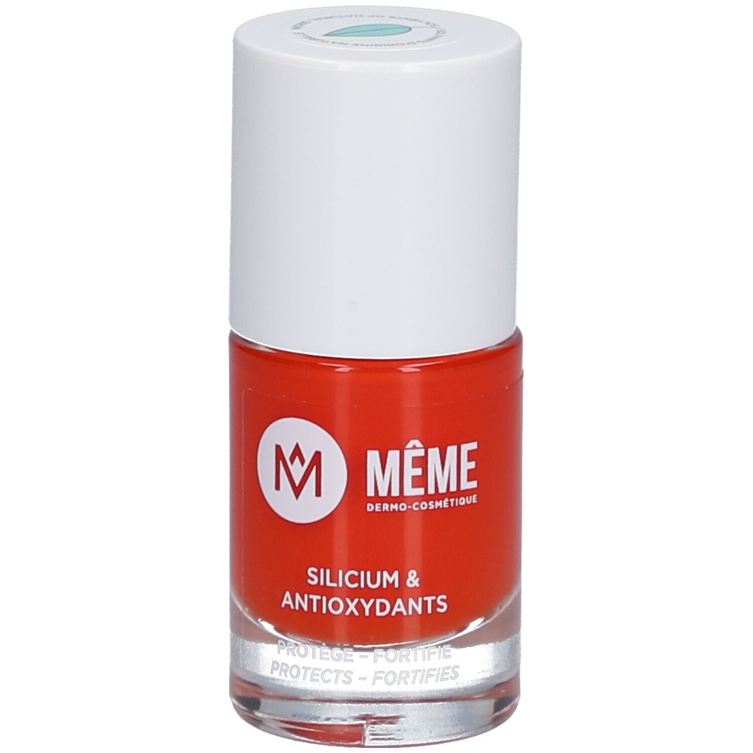 Nagellackflasche, rot, weißer Deckel. Aufschrift: MÊME, Silicium & Antioxidantien. PROTECTS - FORTIFIES.