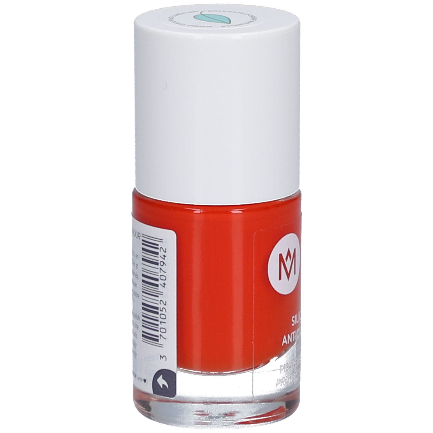 Nagellackflasche, rot, weißer Deckel. Aufschrift: MÊME, Silicium & Antioxidantien. Barcode und Produktinformationen.