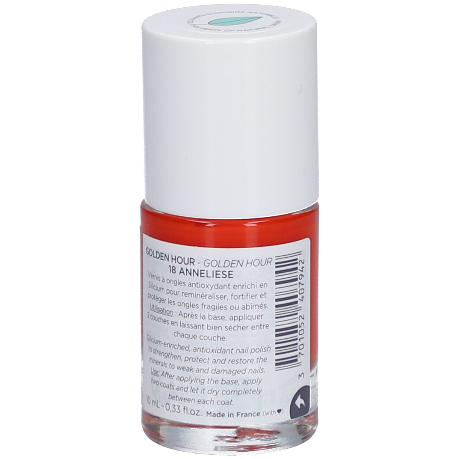 Nagellackflasche, rot, weißer Deckel. Aufschrift: GOLDEN HOUR 18 ANNELIESE. Produktinformationen auf Etikett.