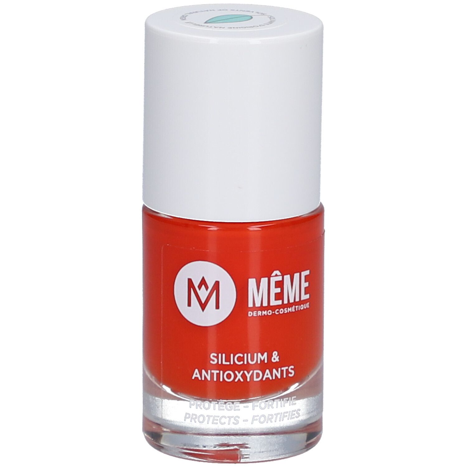 Nagellackflasche, rot, weißer Deckel. Aufschrift: MÊME, Silicium & Antioxidantien. PROTECTS - FORTIFIES.