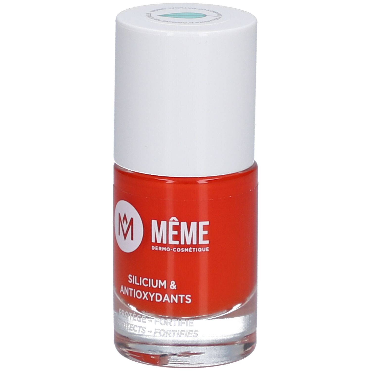 Nagellackflasche, rot, weißer Deckel. Aufschrift: MÊME, Silicium & Antioxidantien. PROTECTS - FORTIFIES.