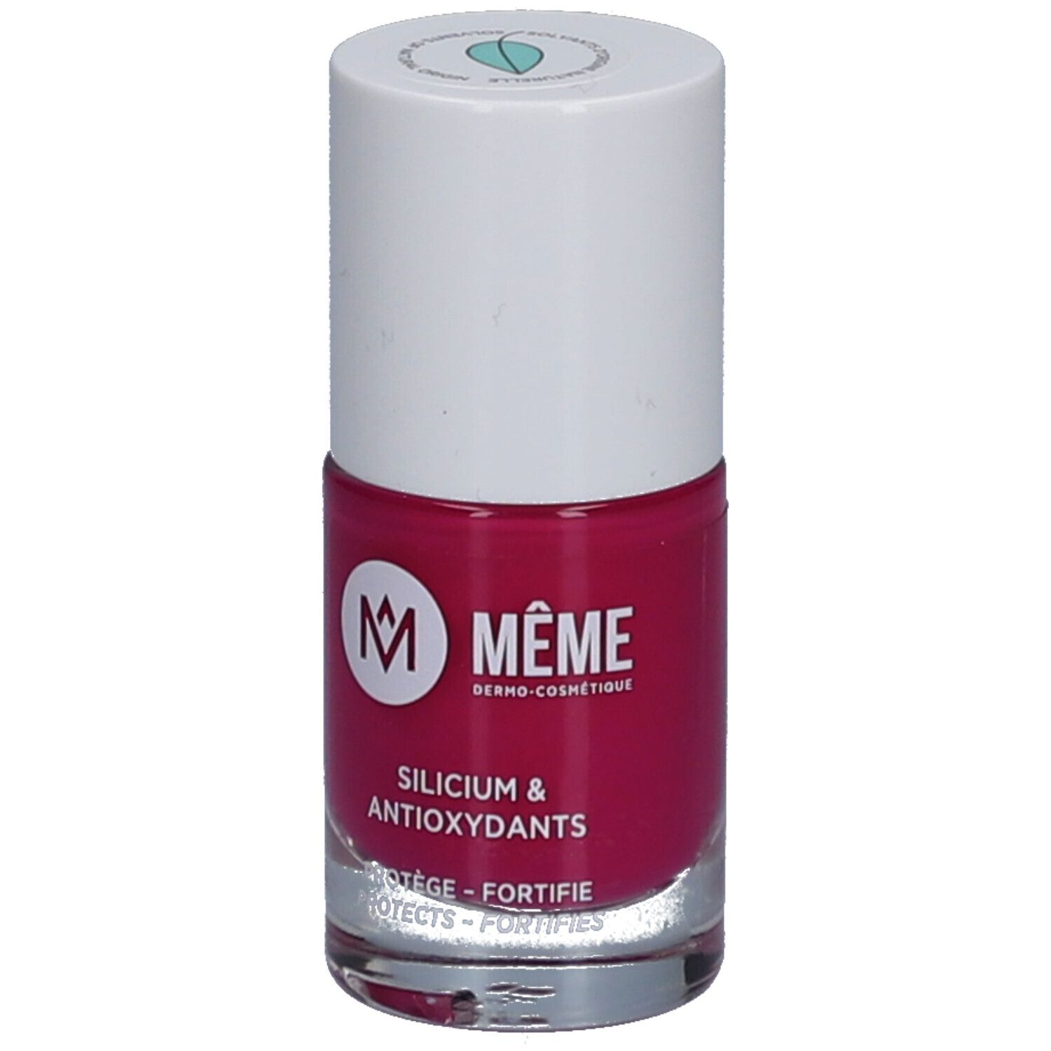 Nagellackflasche mit weißem Deckel. Auf dem Fläschchen steht "MÊME" und "Silicium & Antioxidantien".