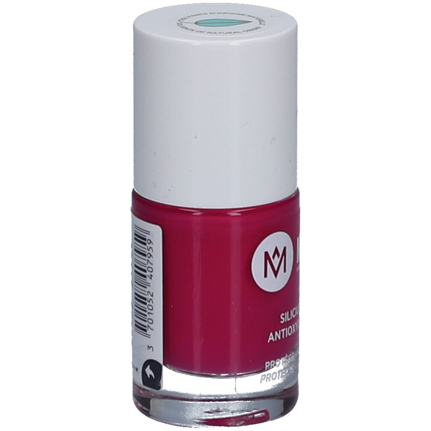 Nagellackflasche mit weißem Deckel. Auf dem Fläschchen steht "MÊME" und "Silicium & Antioxidantien".