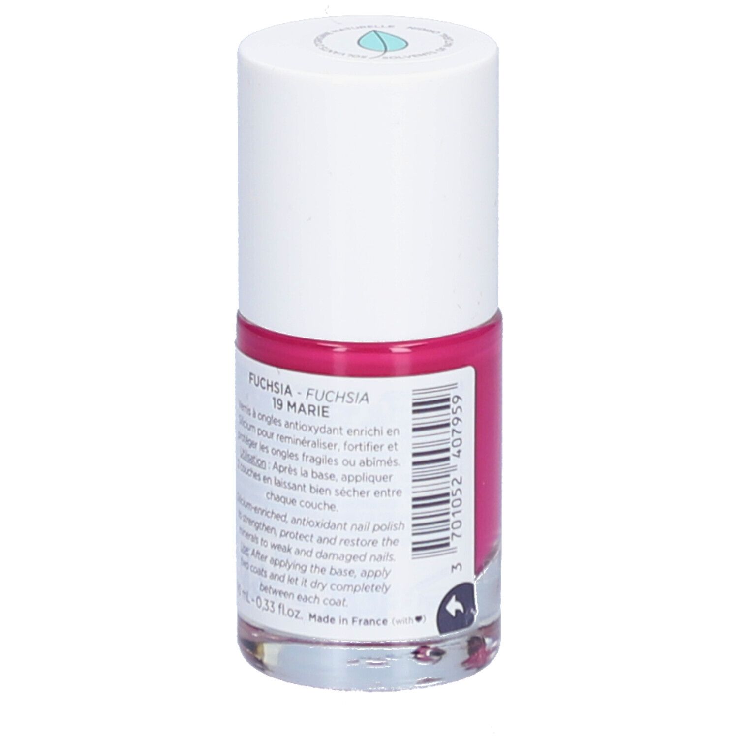 Nagellackflasche mit weißem Deckel. Auf dem Etikett steht "Fuchsia 19 Marie". Rückseite mit Produktinformationen.
