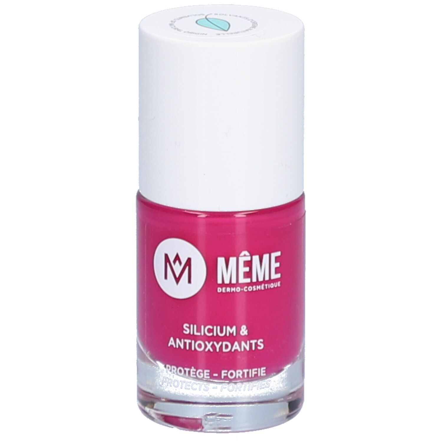 Nagellackflasche mit weißem Deckel. Auf dem Fläschchen steht "MÊME" und "Silicium & Antioxidantien".