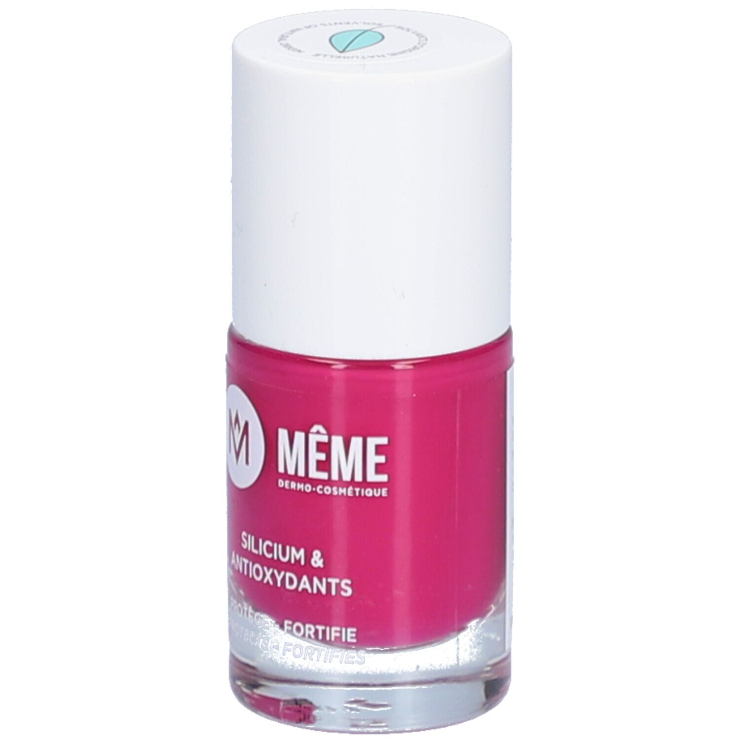 Nagellackflasche mit weißem Deckel. Auf dem Fläschchen steht "MÊME" und "Silicium & Antioxidantien".