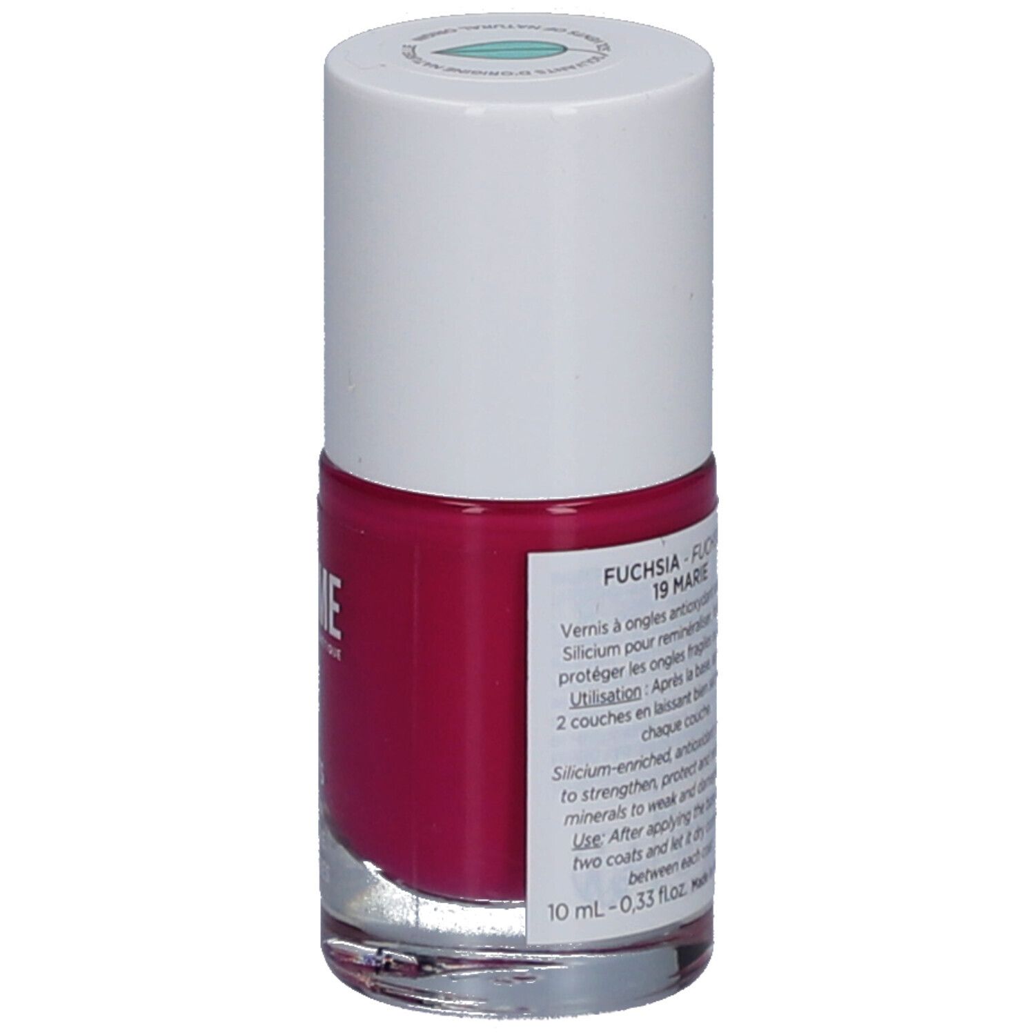Nagellackflasche mit weißem Deckel. Auf dem Etikett steht "Fuchsia 19 Marie". Rückseite mit Produktinformationen.