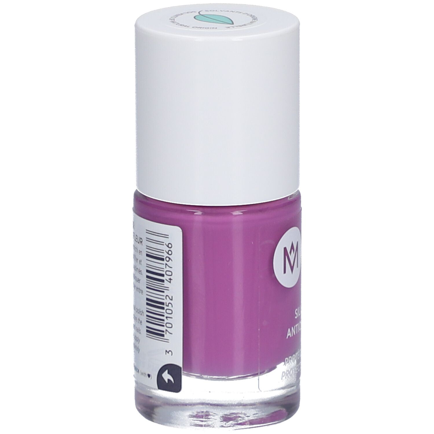Nagellackflasche, lila. Weißer Deckel. Aufschrift: MÊME. Rückseite mit Barcode und Text.