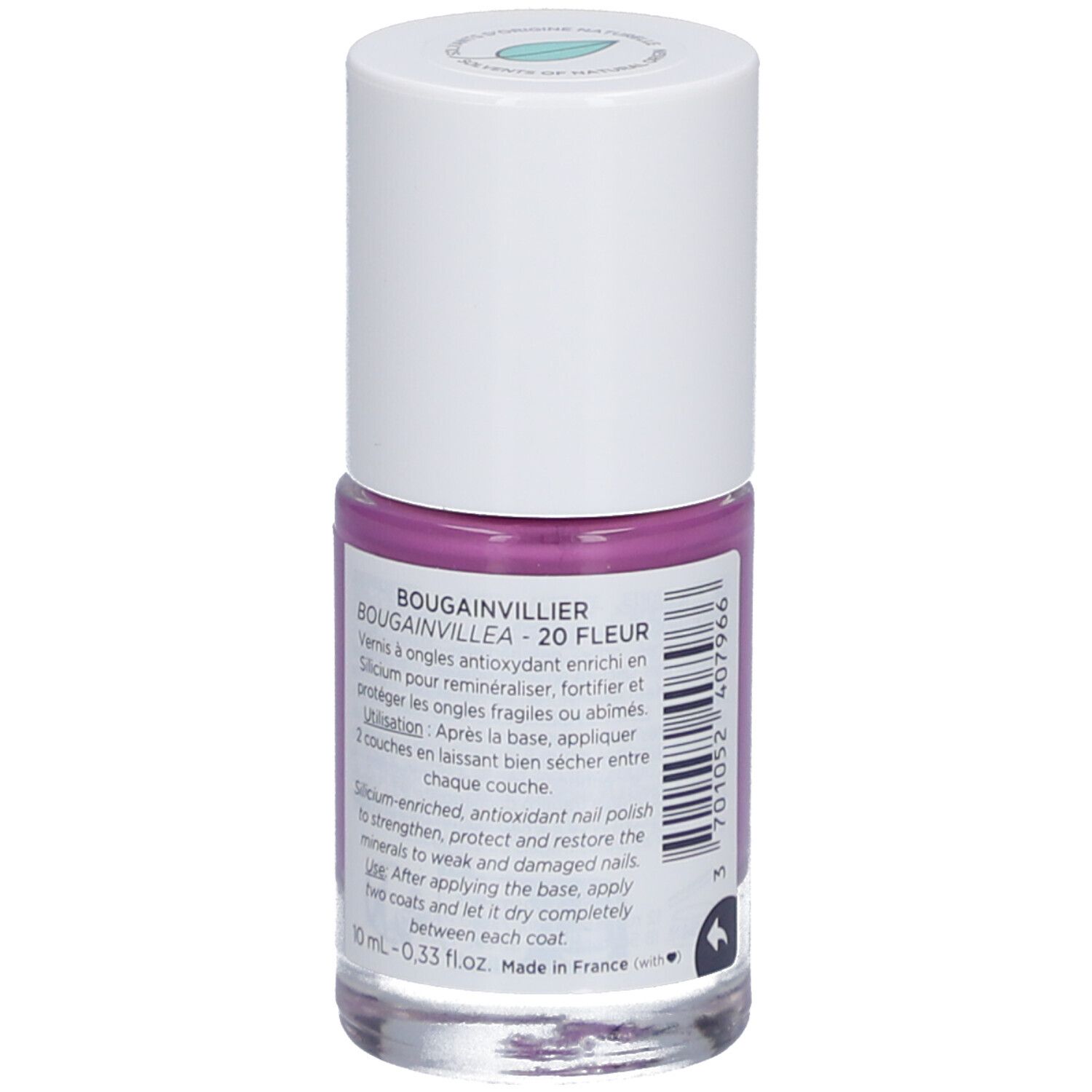 Nagellackflasche, lila. Weißer Deckel. Aufschrift: Bougainvillea - 20 Fleur. Text auf Französisch und Englisch.