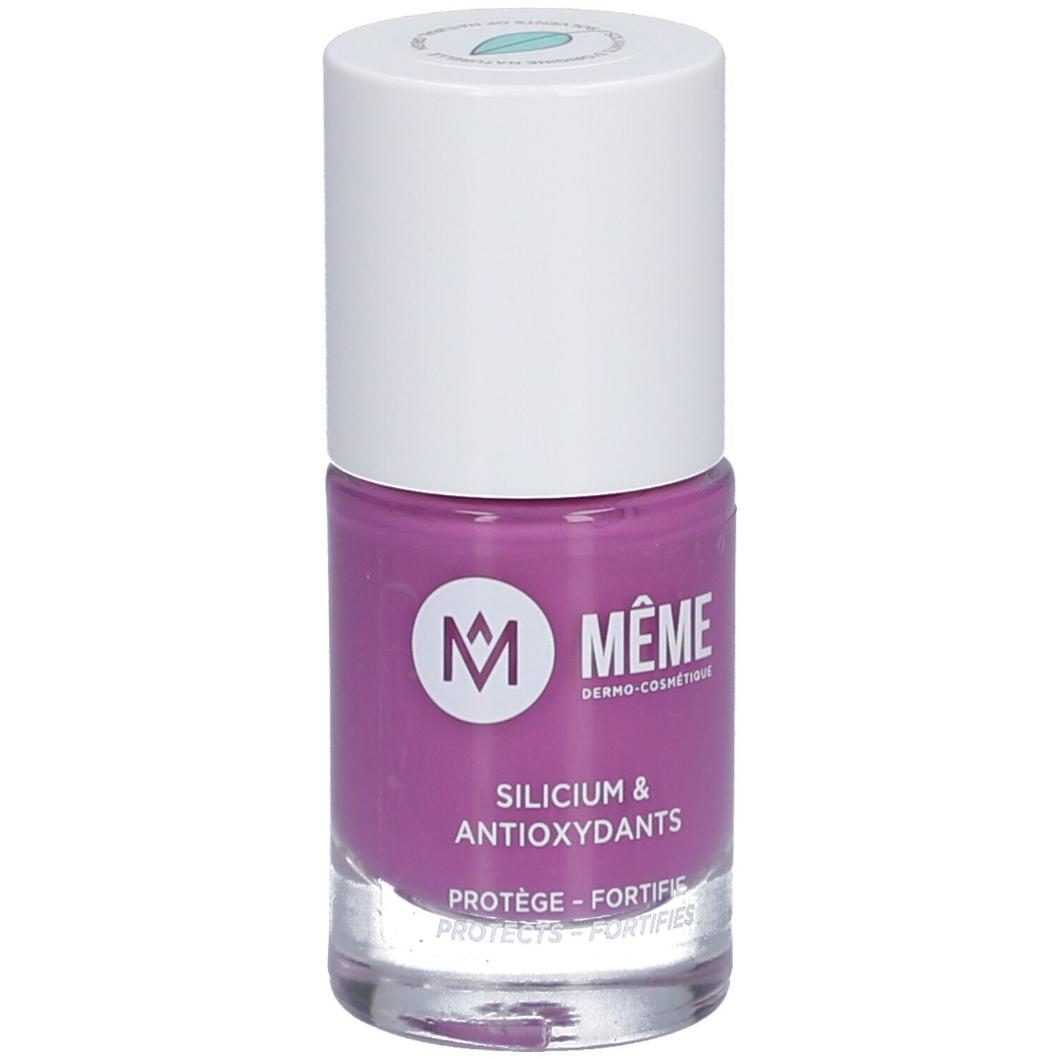 Nagellackflasche, lila. Weißer Deckel mit grünem Blatt. Aufschrift: MÊME, Silicium & Antioxidantien.