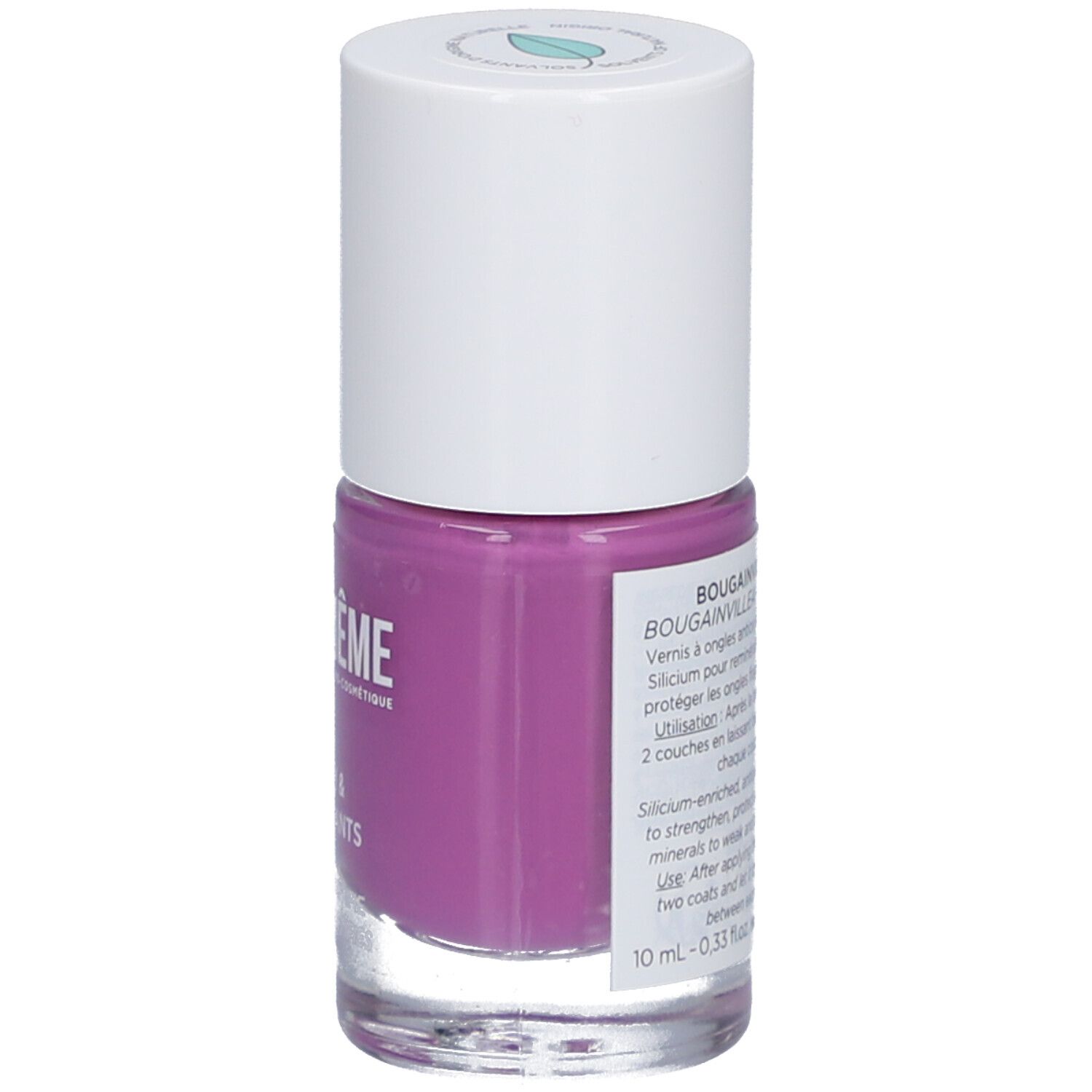 Nagellackflasche, lila. Weißer Deckel. Aufschrift: MÊME, Bougainvillea - 20 Fleur. Text auf Französisch und Englisch.