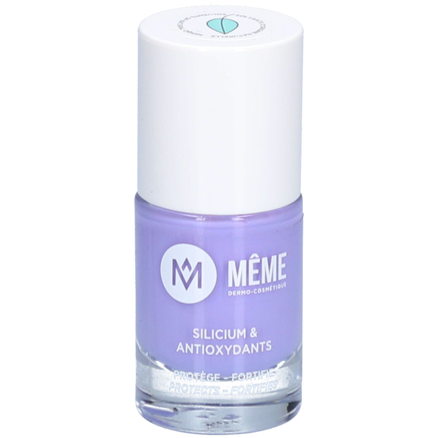 Flasche Nagellack, lila. Marke: MÊME. Aufschrift: Silicium & Antioxidantien. Schützt und stärkt die Nägel.