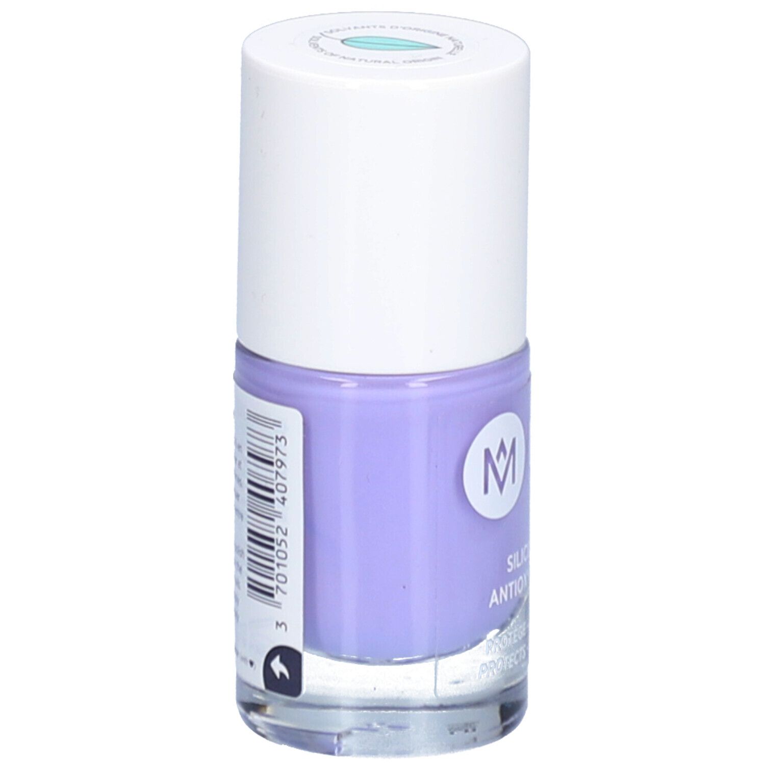 Flasche Nagellack, lila. Marke: MÊME. Aufschrift: Silicium & Antioxidantien. Schützt und stärkt die Nägel.