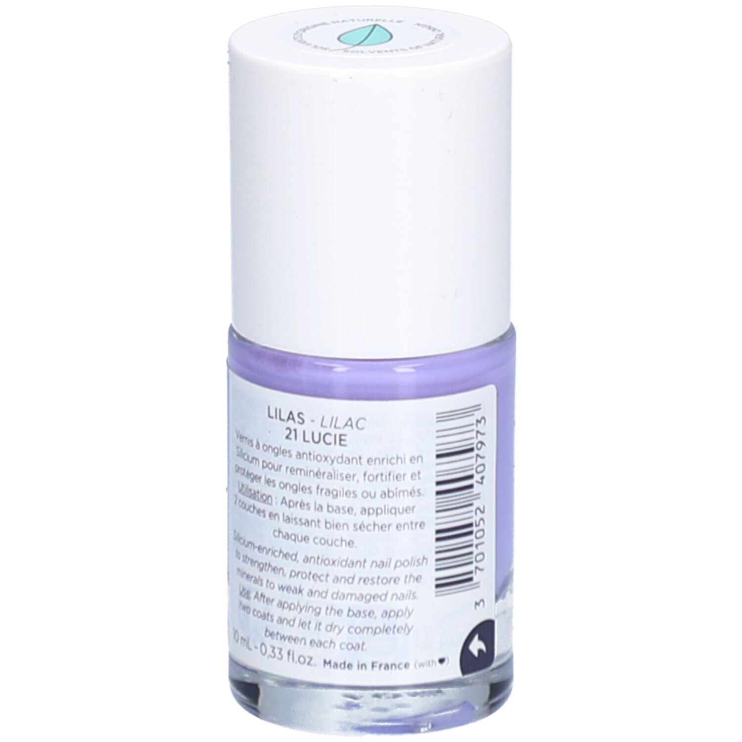 Flasche Nagellack, lila. Marke: MÊME. Aufschrift: Lilas 21 Lucie. Enthält Silicium & Antioxidantien. Schützt und stärkt.