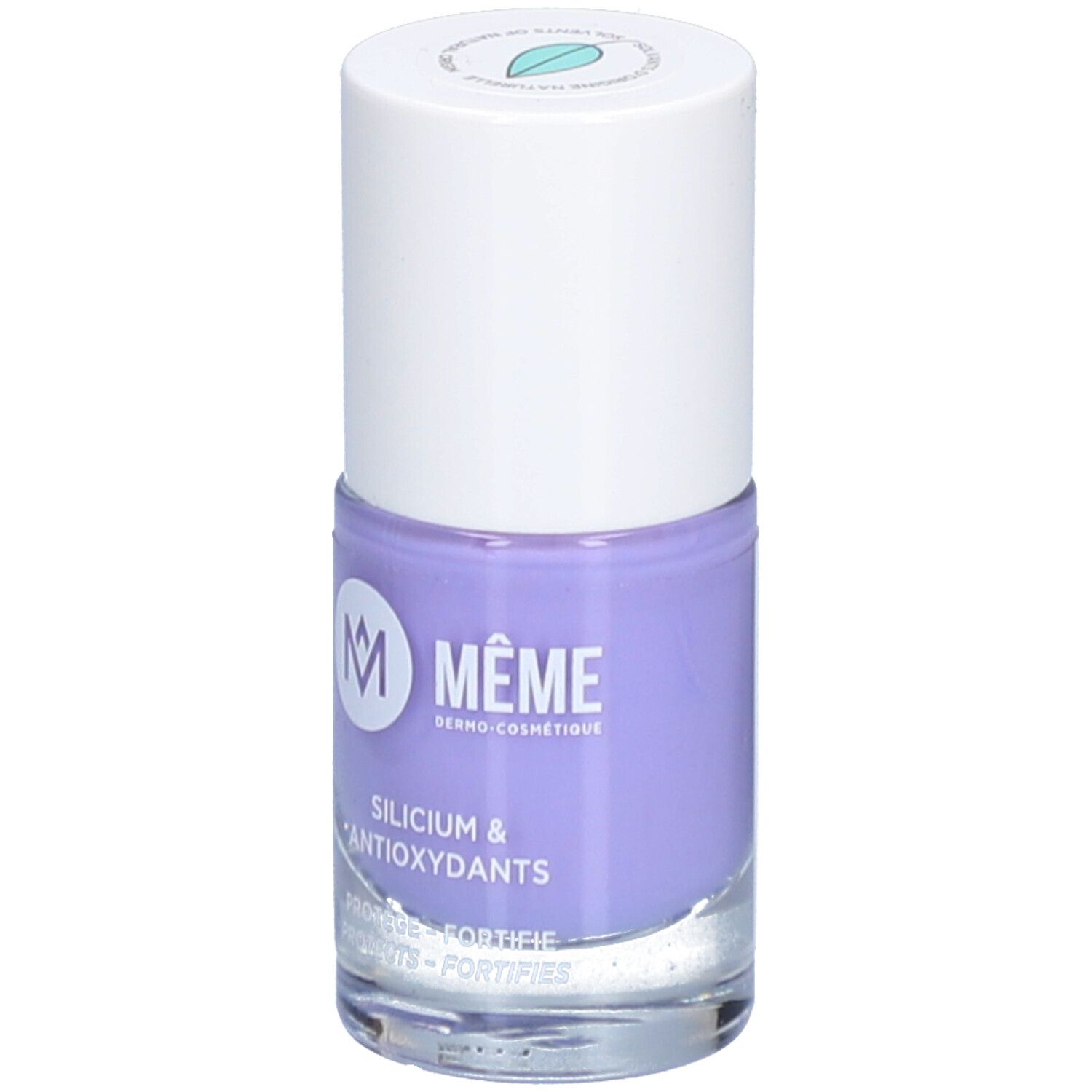 Flasche Nagellack, lila. Marke: MÊME. Aufschrift: Silicium & Antioxidantien. Schützt und stärkt die Nägel.