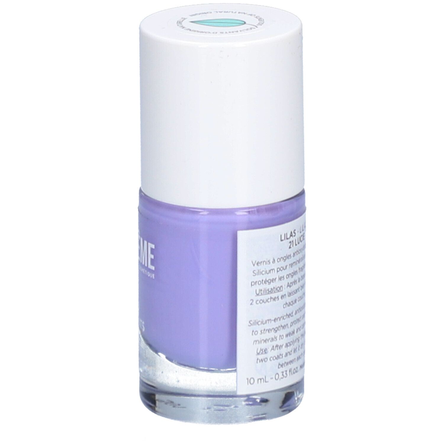 Flasche Nagellack, lila. Marke: MÊME. Aufschrift: Lilas 21 Lucie. Enthält Silicium & Antioxidantien. Schützt und stärkt.