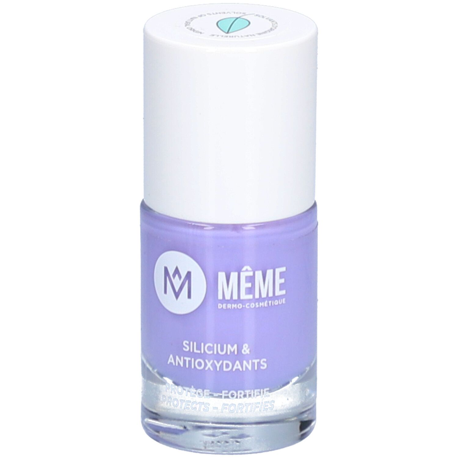 Flasche Nagellack, lila. Marke: MÊME. Aufschrift: Silicium & Antioxidantien. Schützt und stärkt die Nägel.