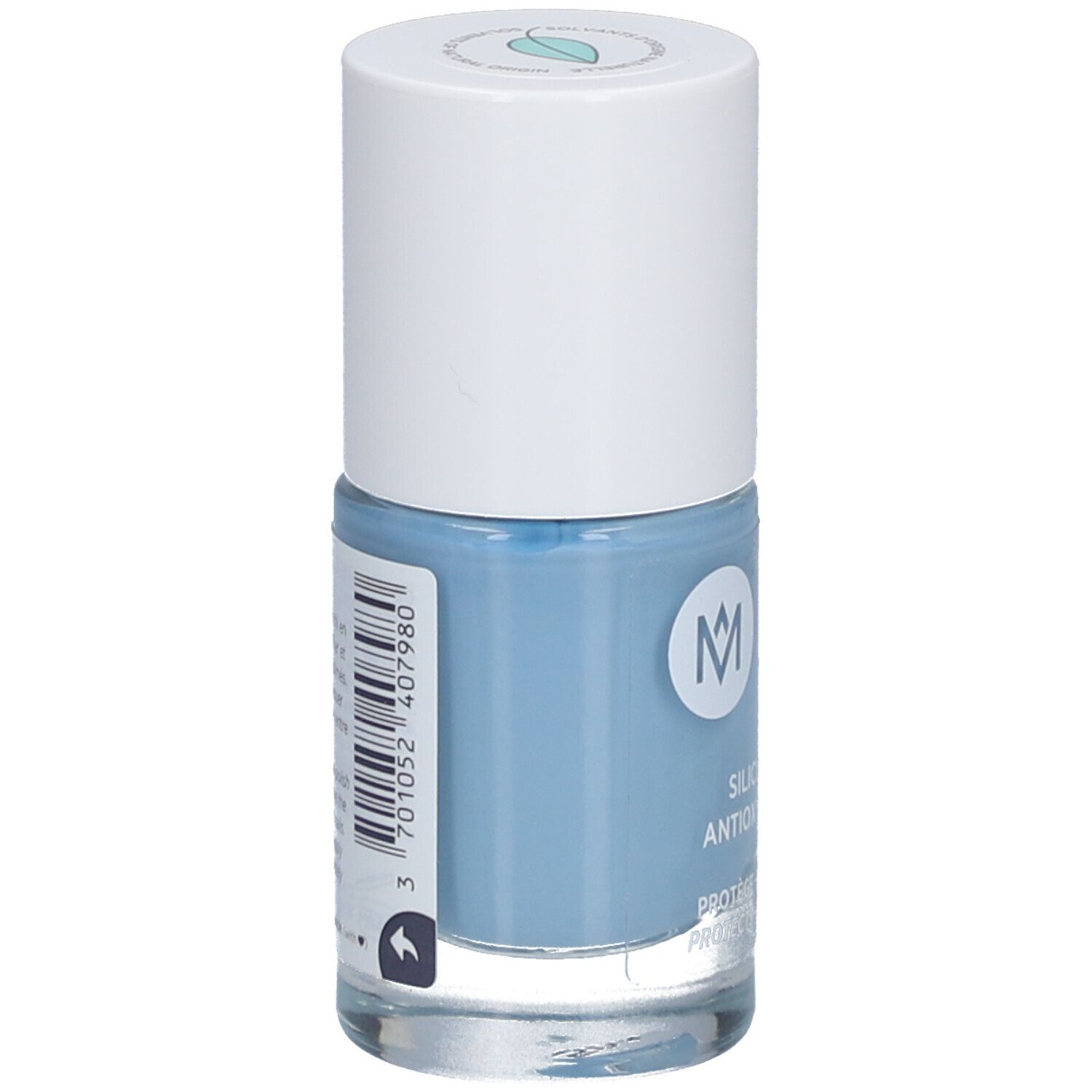 Nagellackfläschchen von MÊME, hellblau. Rückseite mit Barcode und Produktinformationen.