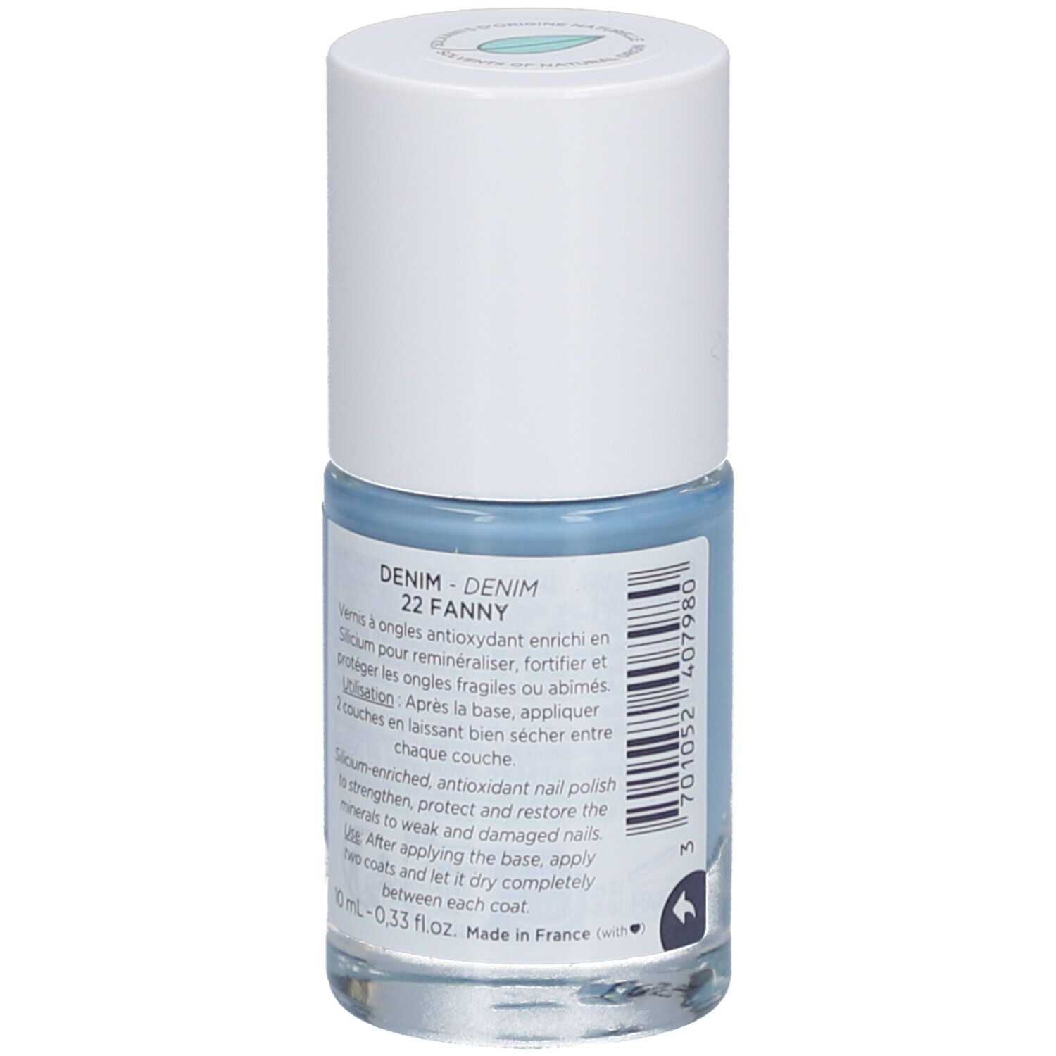Nagellackfläschchen MÊME Denim 22 Fanny. Rückseite mit Produktinformationen und Inhaltsstoffen.
