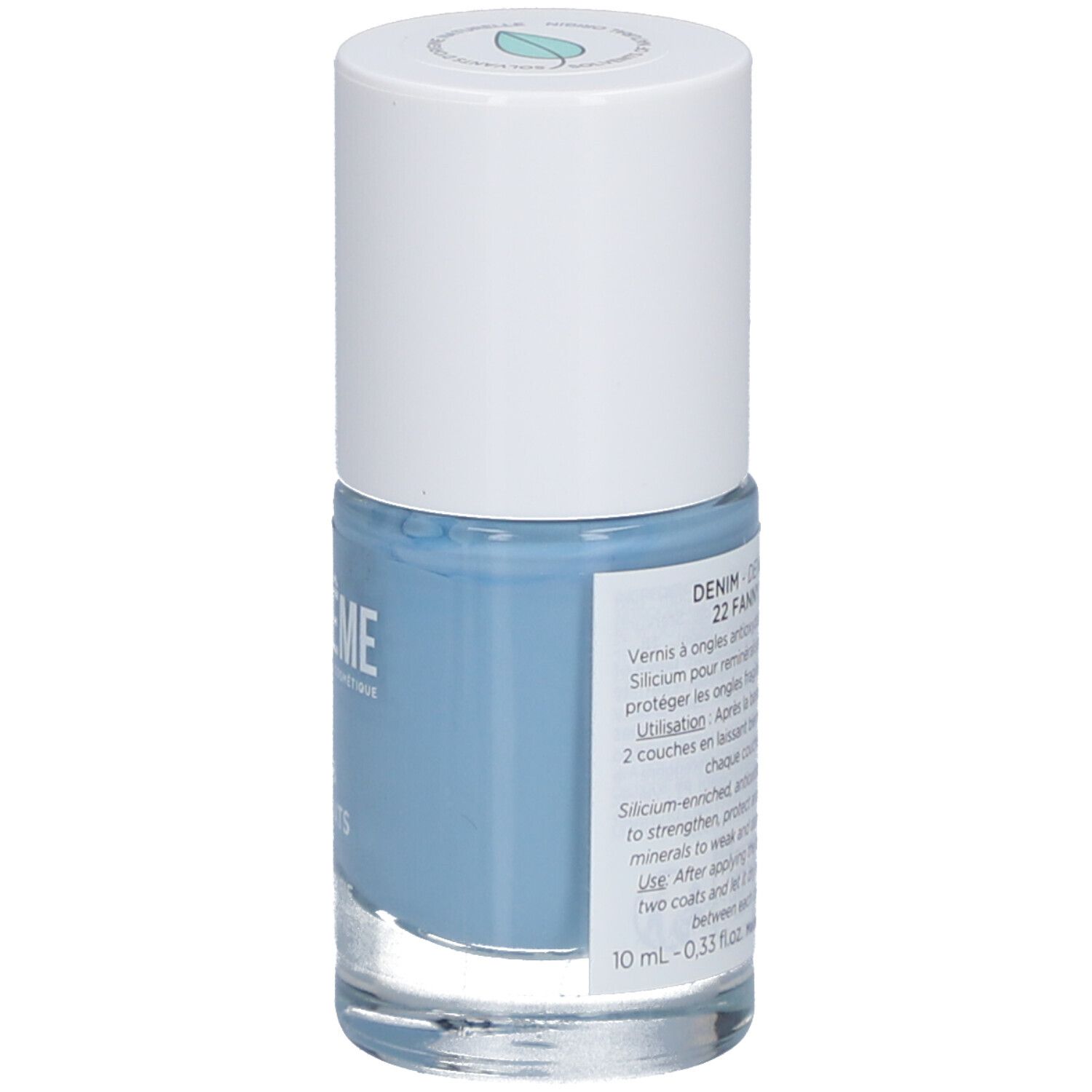 Nagellackfläschchen MÊME Denim 22 Fanny. Rückseite mit Produktinformationen und Inhaltsstoffen.