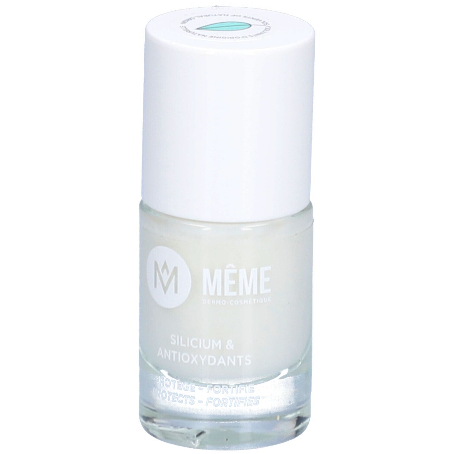 Nagellackflasche mit weißem Deckel. Aufschrift: MEME Cosmetics, Silicium & Antioxidantien. Farbbezeichnung nicht sichtbar.