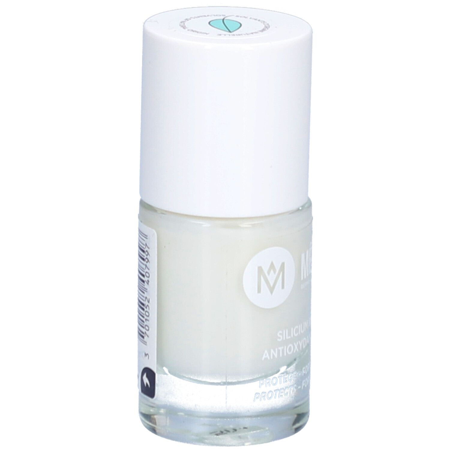Nagellackflasche mit weißem Deckel. Aufschrift: MEME Cosmetics, Silicium & Antioxidantien. Farbbezeichnung nicht sichtbar.
