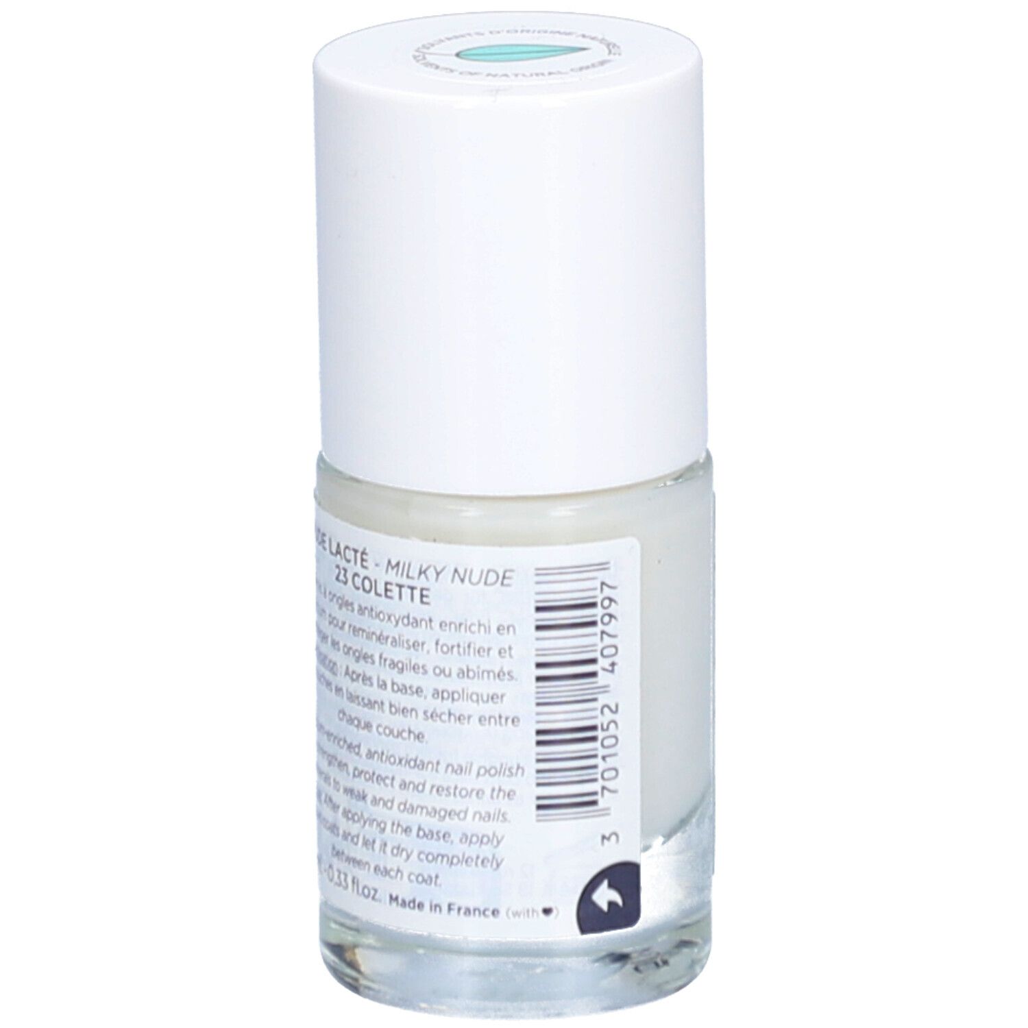 Nagellackflasche mit weißem Deckel. Aufschrift: Nude Lacté 23 Colette. Rückseite mit Produktinformationen und Barcode.