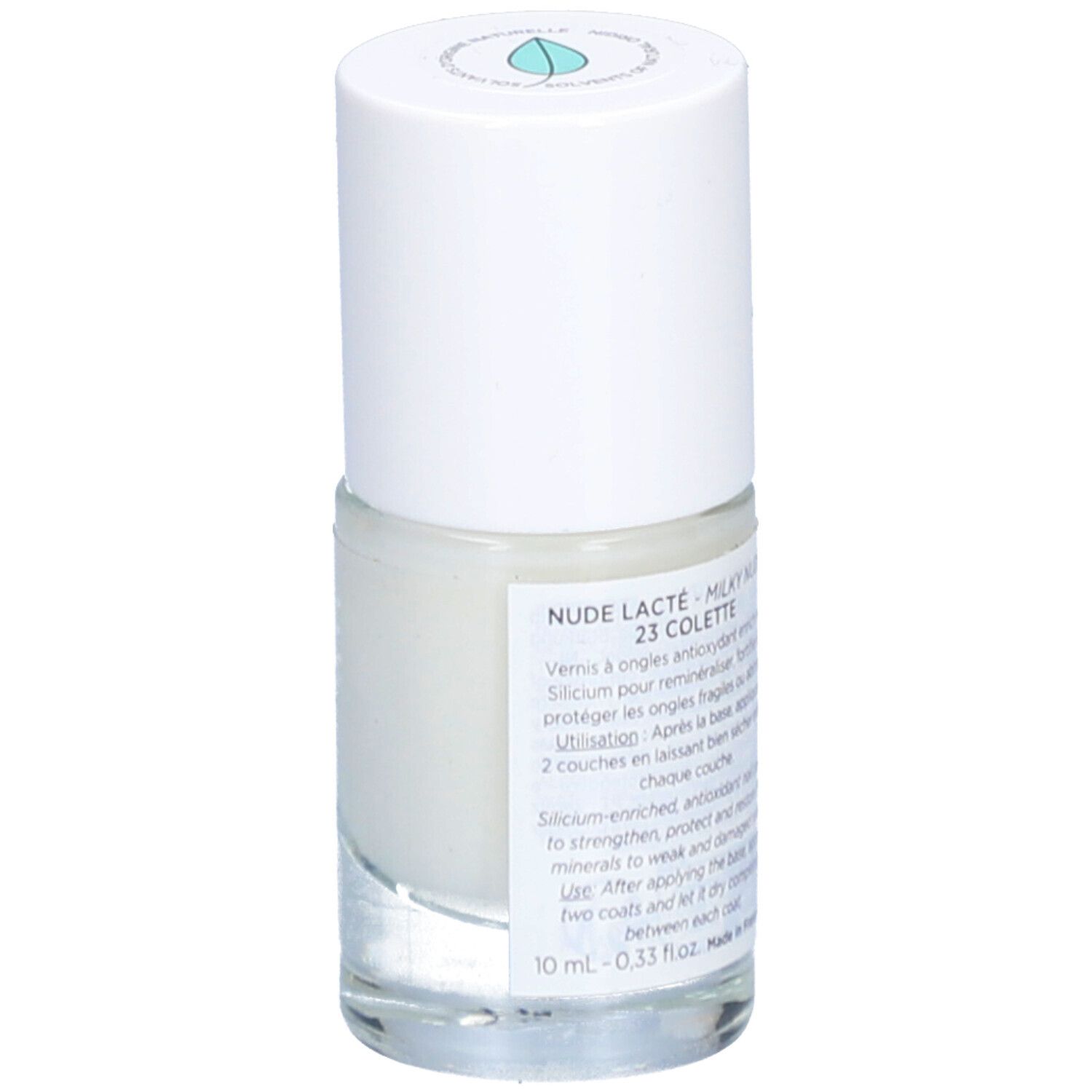 Nagellackflasche mit weißem Deckel. Aufschrift: Nude Lacté 23 Colette. Rückseite mit Produktinformationen und Barcode.