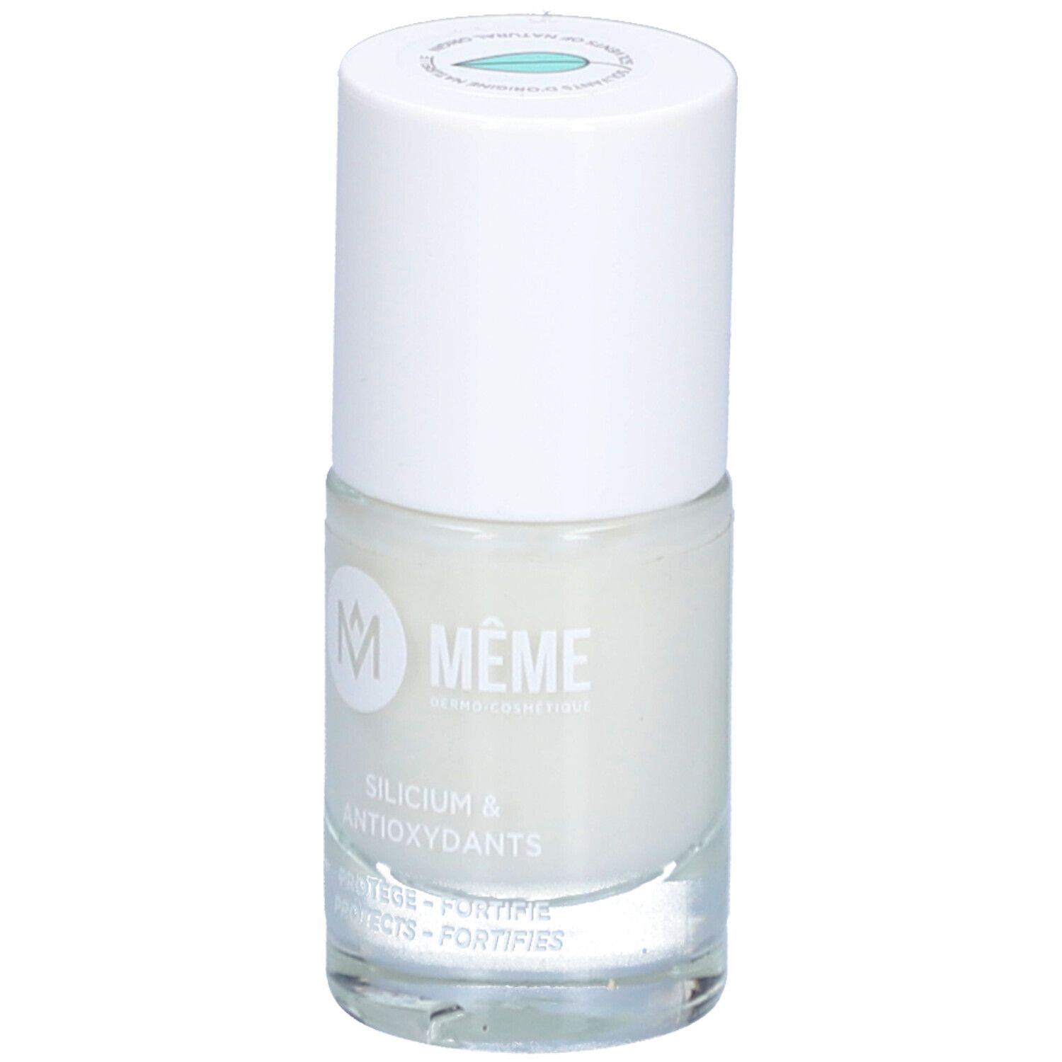 Nagellackflasche mit weißem Deckel. Aufschrift: MEME Cosmetics, Silicium & Antioxidantien. Farbbezeichnung nicht sichtbar.
