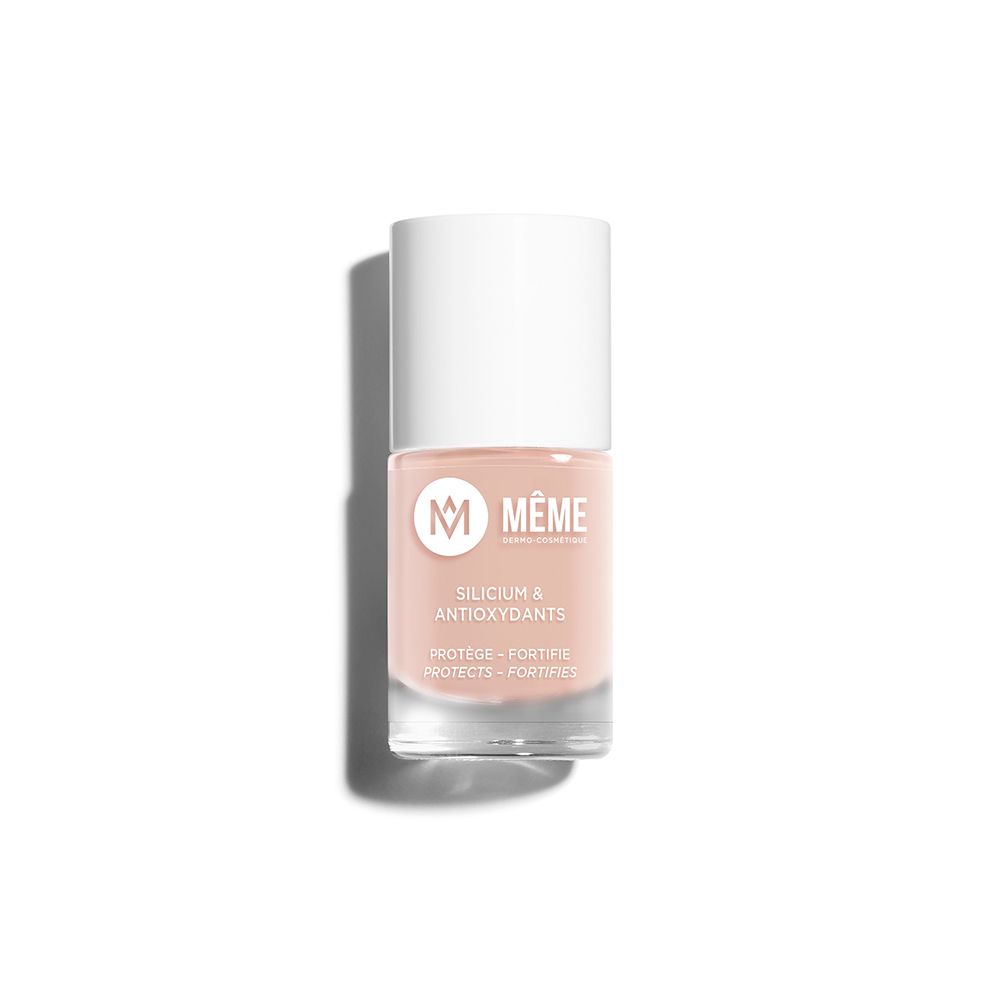 Flacon de vernis à ongles avec bouchon blanc. Inscription : MÊME, Silicium & Antioxydants. Couleur : rose.
