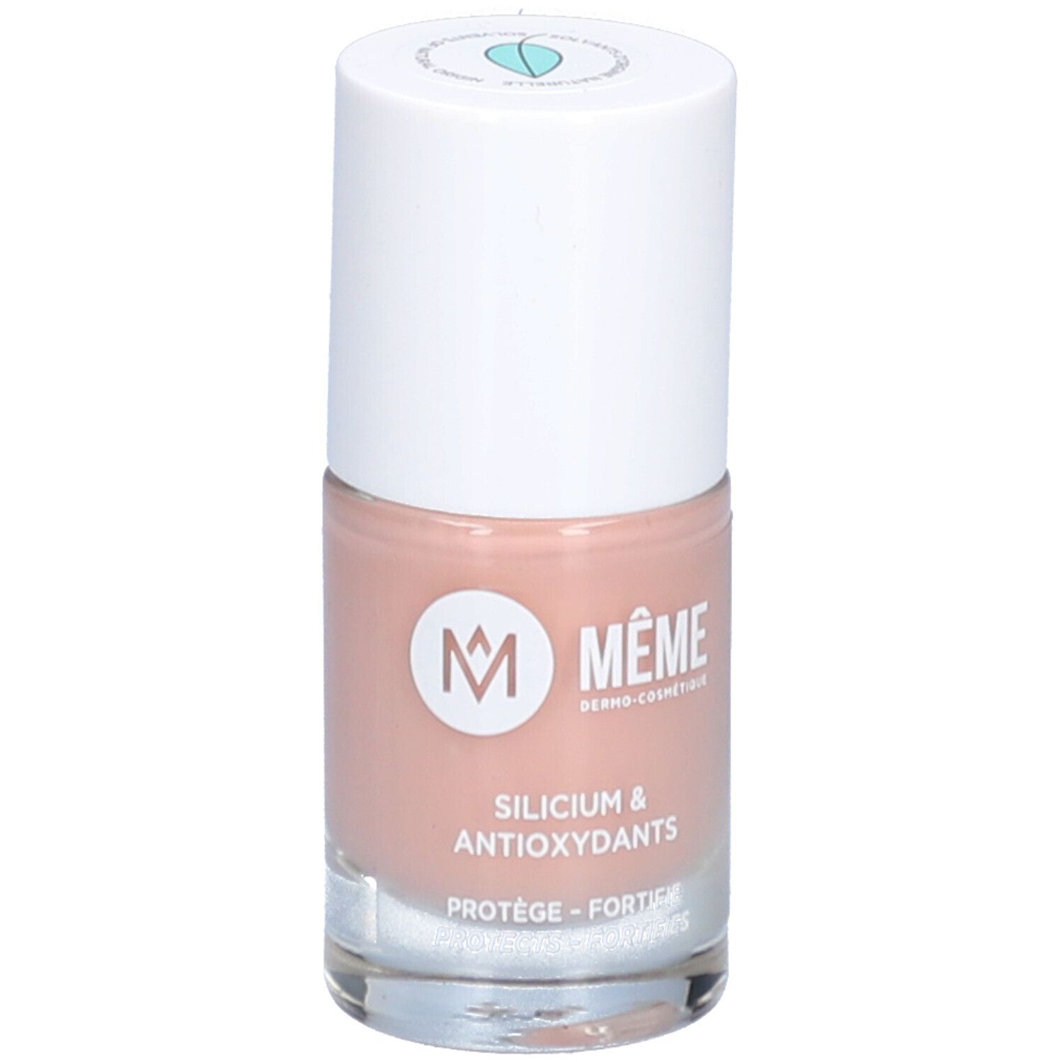 Nagellackflasche mit weißem Deckel. Aufschrift: MÊME, Silicium & Antioxidantien. Farbe: Rosa.