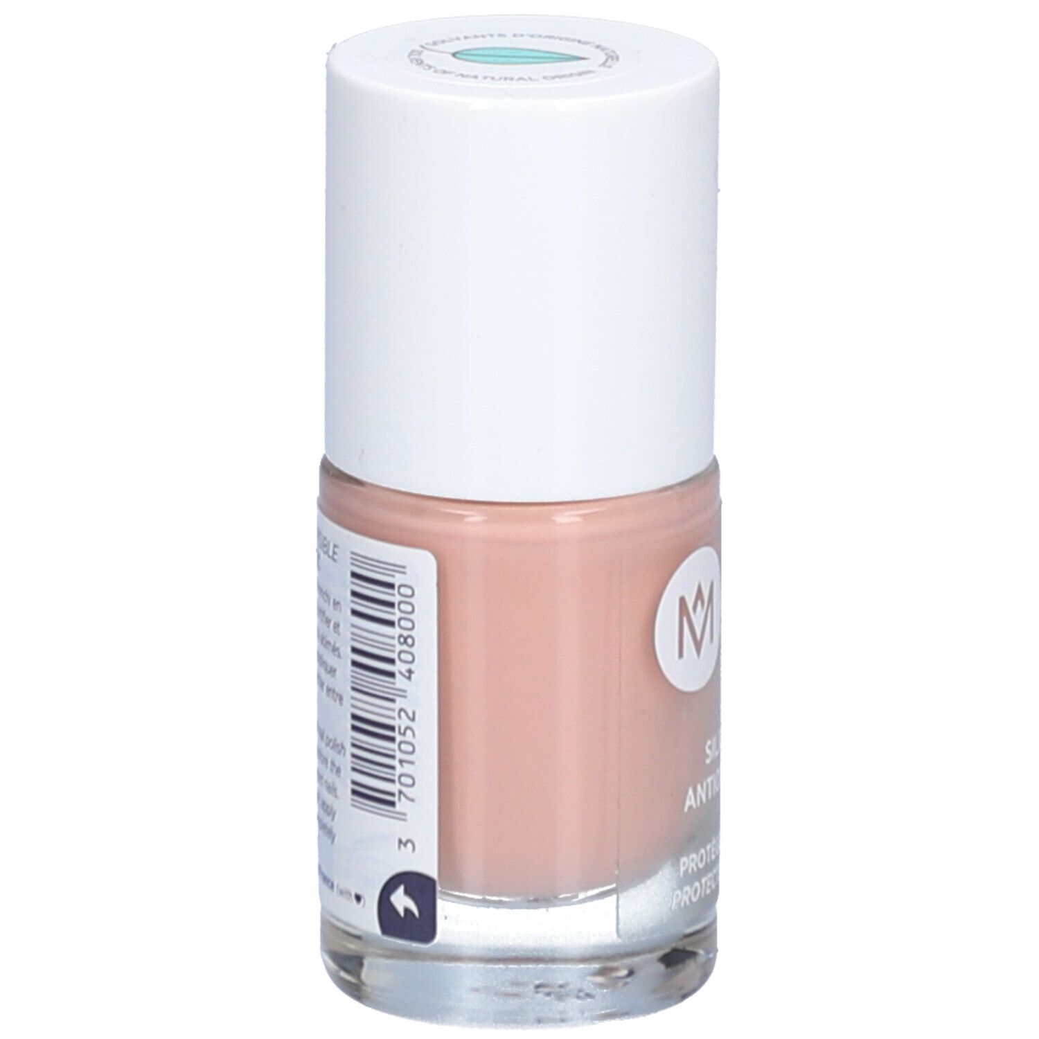 Nagellackflasche mit weißem Deckel. Rückseite mit Barcode und Produktinformationen. Farbe: Rosa.