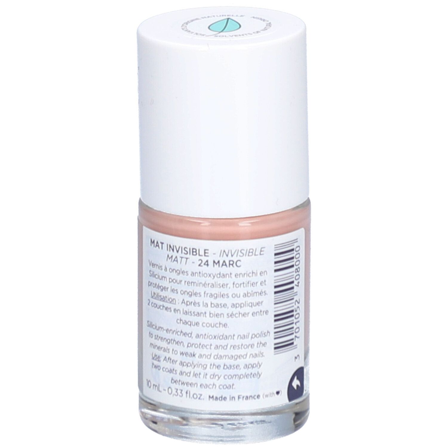 Nagellackflasche mit weißem Deckel. Aufschrift: MATT INVISIBLE - 24 MARC. Farbe: Rosa. Produktinformationen.