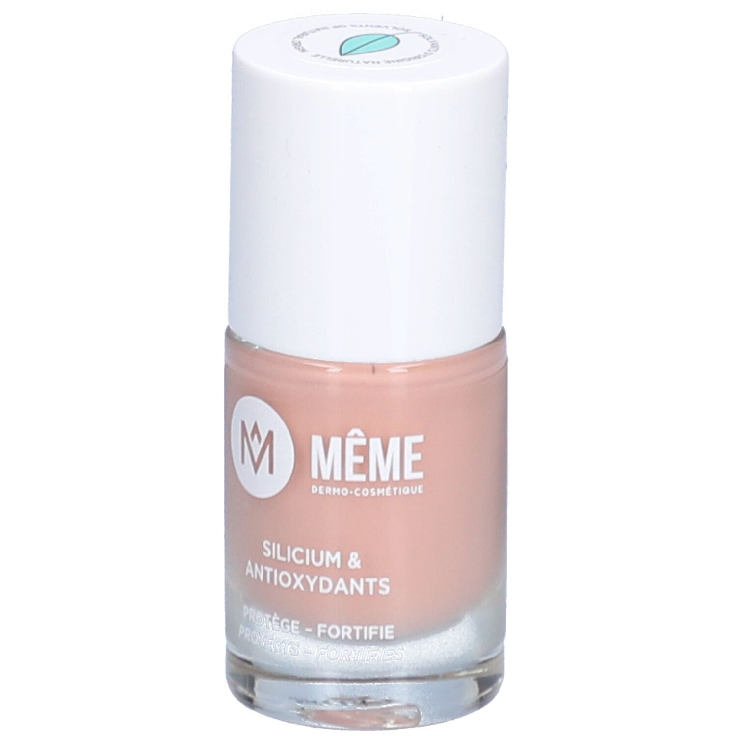 Nagellackflasche mit weißem Deckel. Aufschrift: MÊME, Silicium & Antioxidantien. Farbe: Rosa.
