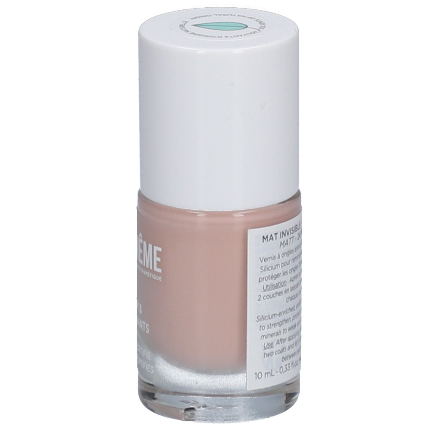 Nagellackflasche mit weißem Deckel. Aufschrift: MATT INVISIBLE - 24 MARC. Farbe: Rosa. Produktinformationen.