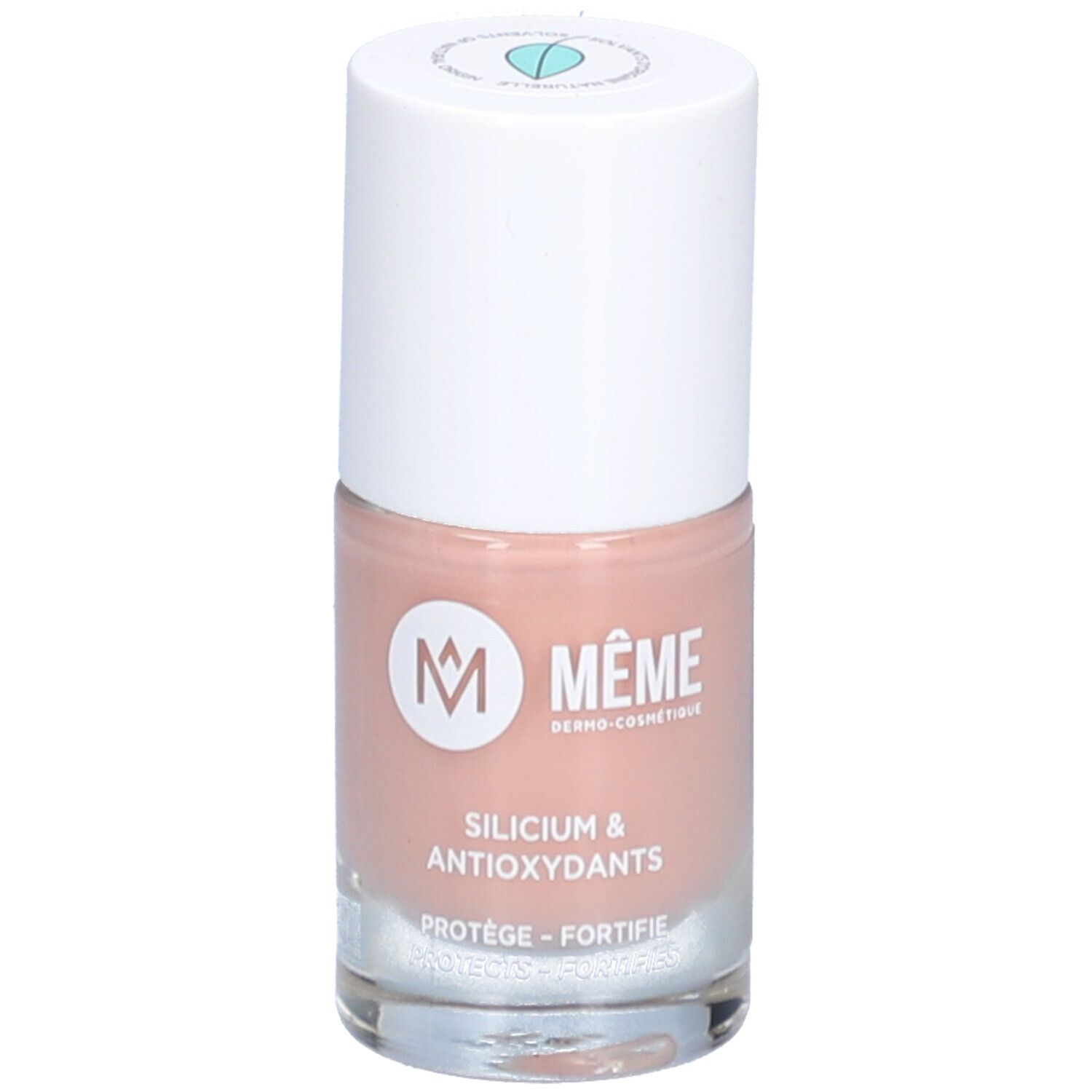 Nagellackflasche mit weißem Deckel. Aufschrift: MÊME, Silicium & Antioxidantien. Farbe: Rosa.