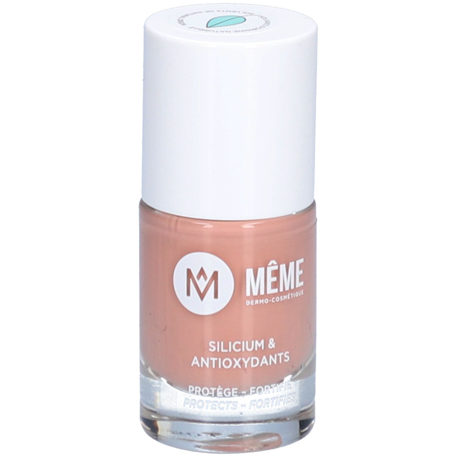 Nagellackflasche, beige. Weißer Deckel, durchsichtige Flasche. Aufschrift: MEME, Silicium & Antioxidantien.