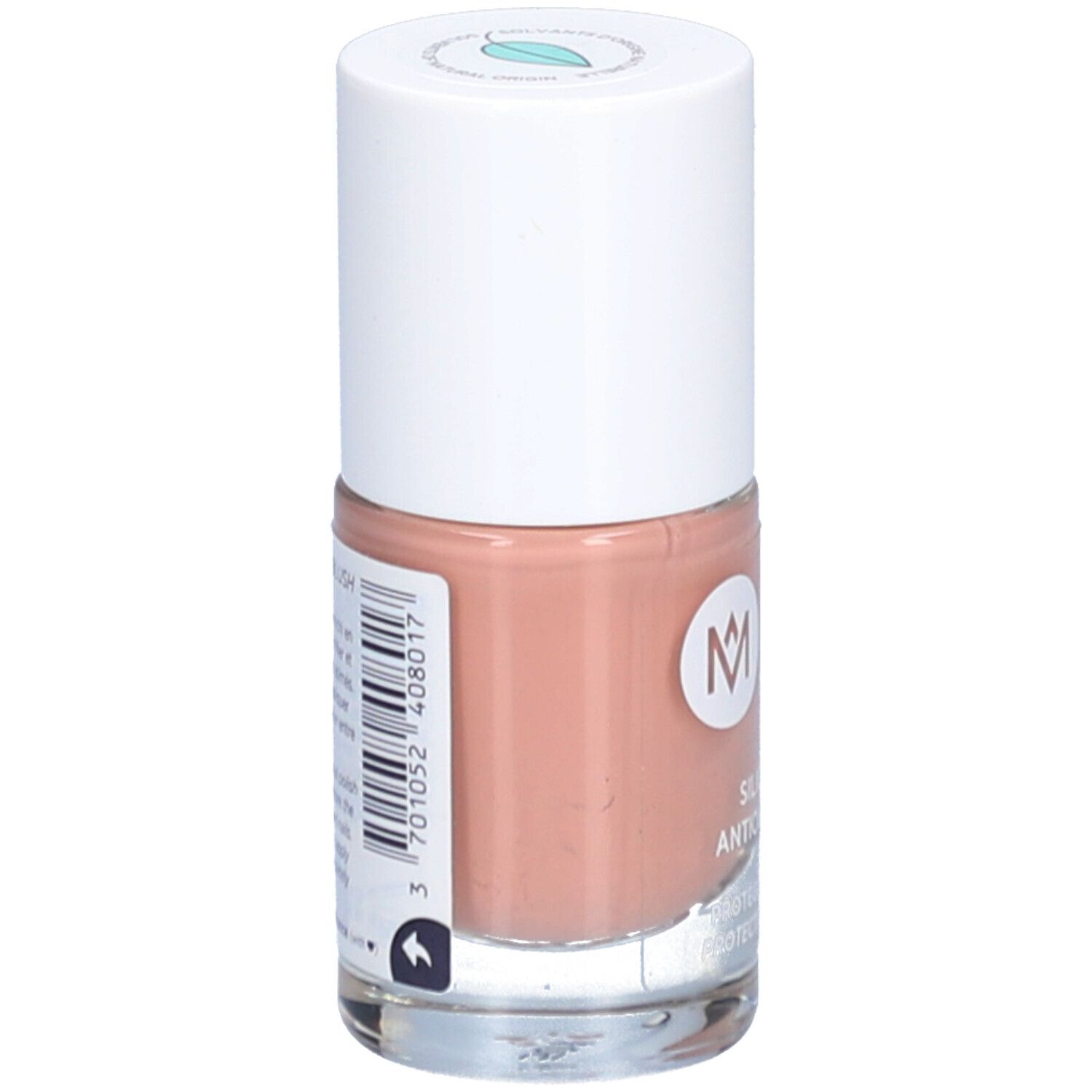 Nagellackflasche, beige. Weißer Deckel, durchsichtige Flasche. Aufschrift: MEME, Silicium & Antioxidantien.