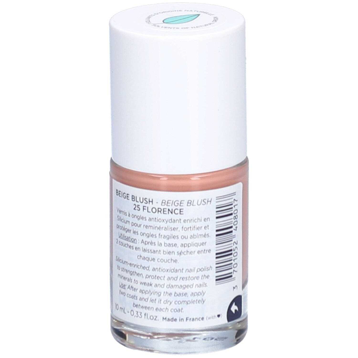 Nagellackflasche, beige. Weißer Deckel, durchsichtige Flasche. Aufschrift: MEME, Beige Blush 25 Florence.