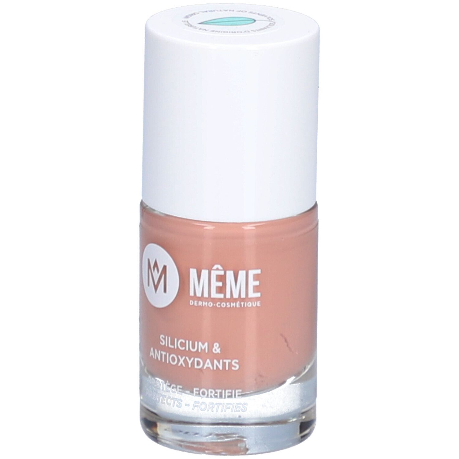 Nagellackflasche, beige. Weißer Deckel, durchsichtige Flasche. Aufschrift: MEME, Silicium & Antioxidantien.