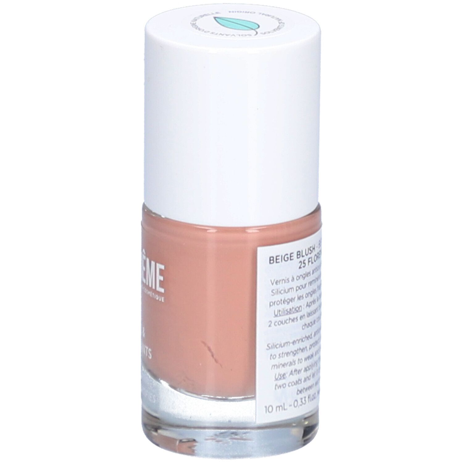Nagellackflasche, beige. Weißer Deckel, durchsichtige Flasche. Aufschrift: MEME, Beige Blush 25 Florence.