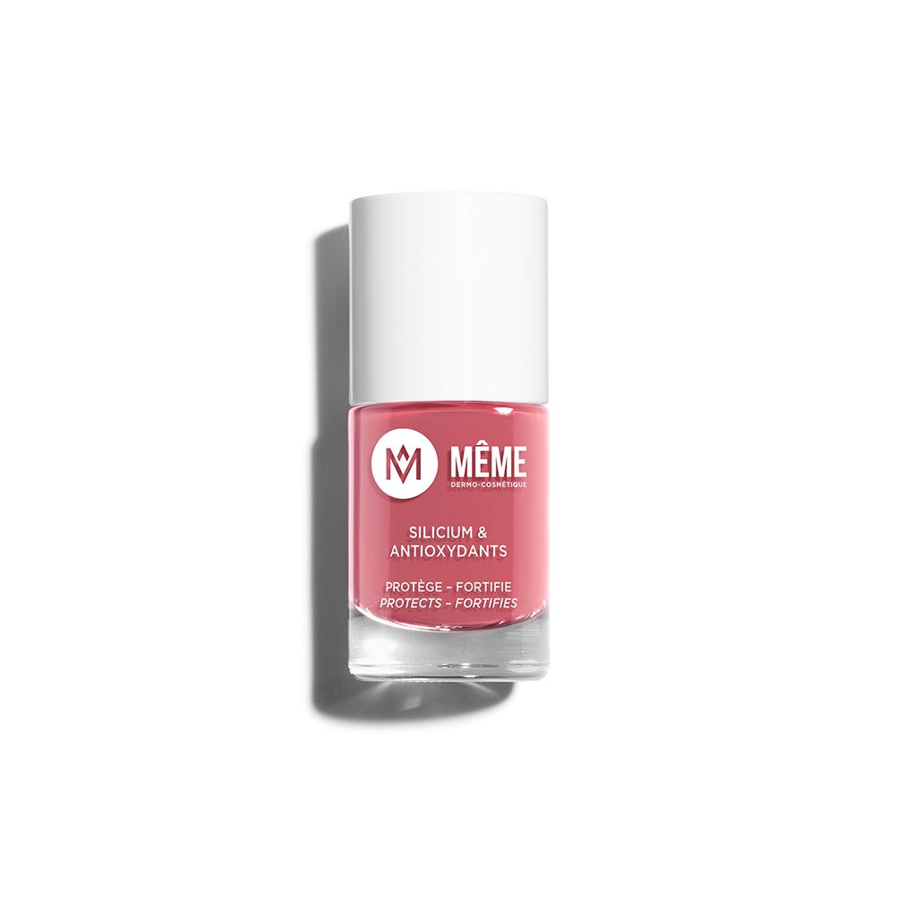 Flacon de vernis à ongles rose. Bouchon blanc, logo et texte. Silicium & Antioxydants.