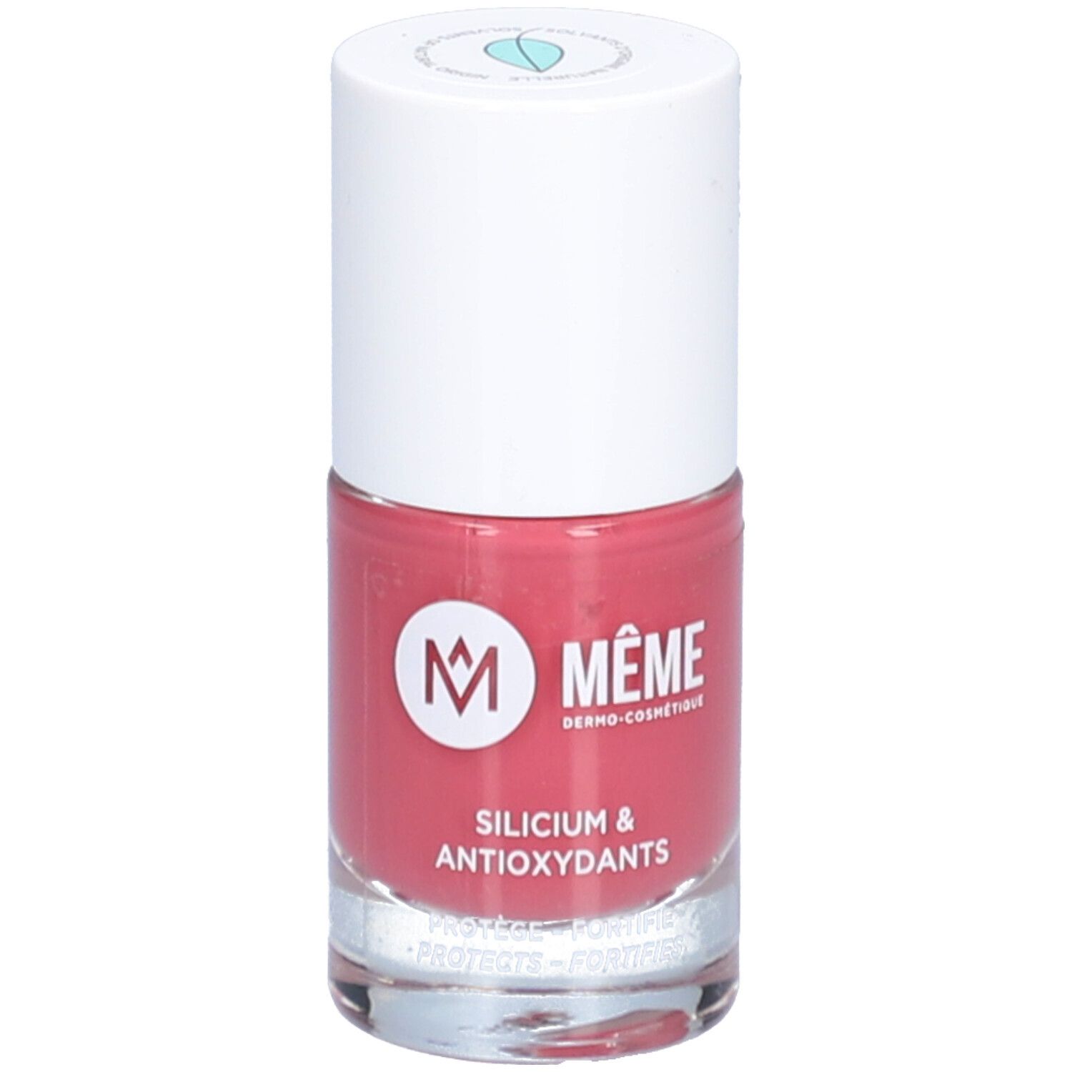 Nagellackflasche, rosa. Weißer Deckel, Logo und Schriftzug. Silicium & Antioxidantien.