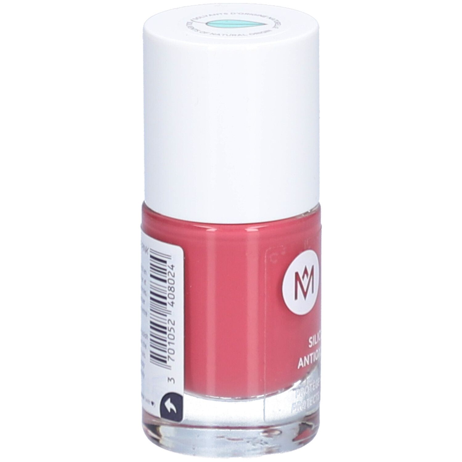 Nagellackflasche, rosa. Weißer Deckel, Logo und Schriftzug. Barcode auf der Rückseite.